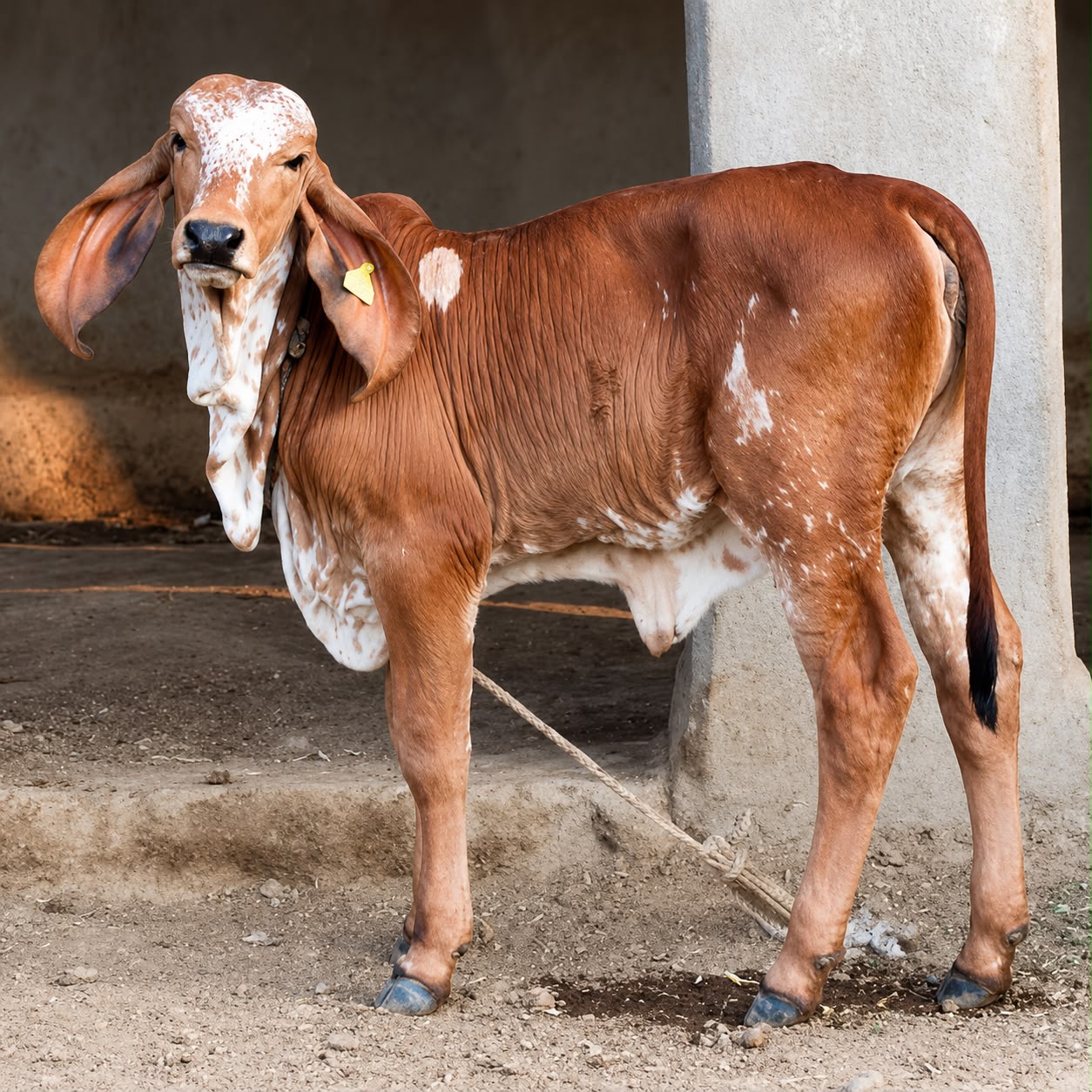 Brown and white calf