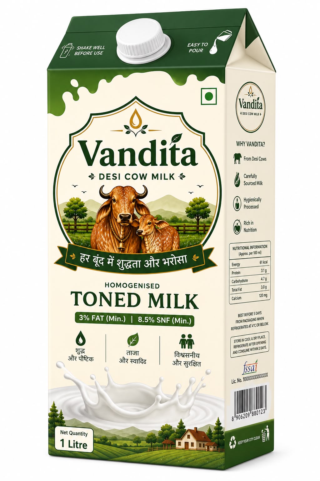 Vandita Toned Milk 1 litre carton